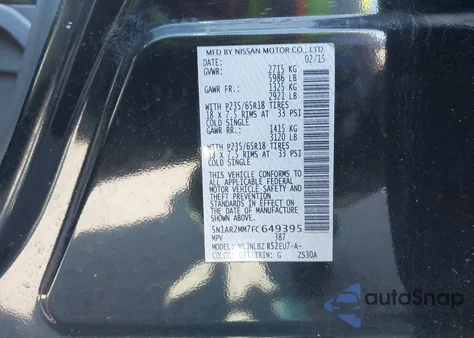 2015 Nissan Pathfinder S z USA, uszkodzony, nr VIN 5N1AR2MM7FC649395